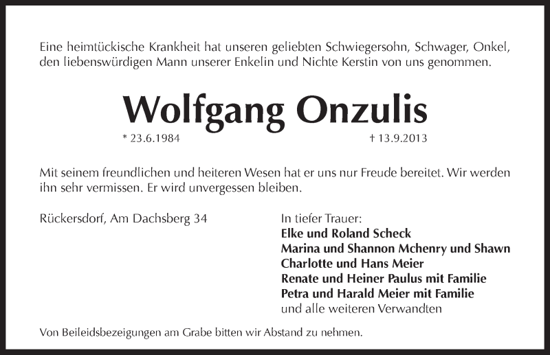  Traueranzeige für Wolfgang Onzulis vom 17.09.2013 aus Pegnitz-Zeitung